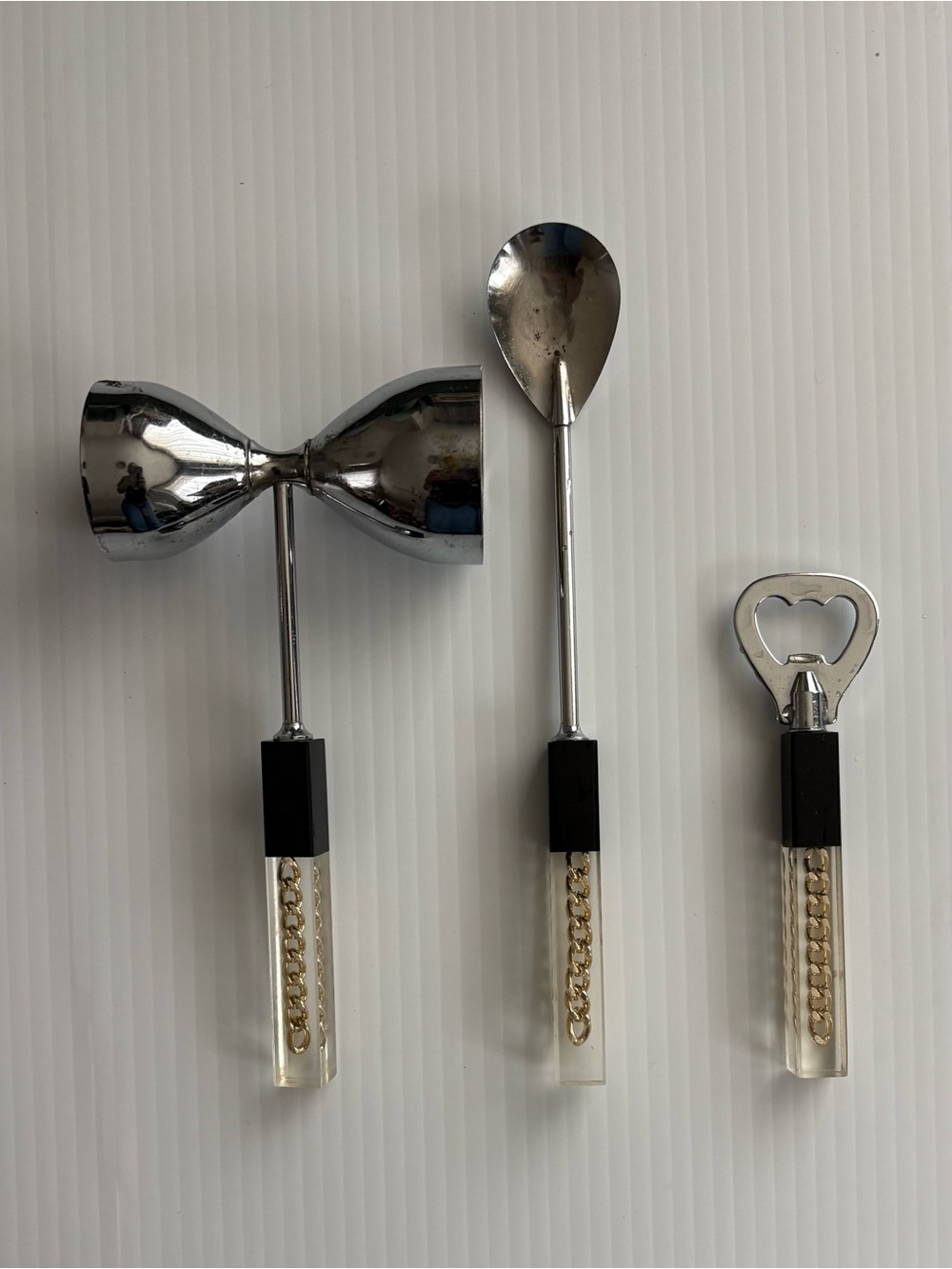 Vintage Silver and Black Bar Tool Set with Clear Handles and Gold Chain Detail